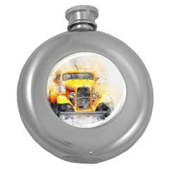 Car Old Art Abstract Round Hip Flask (5 Oz) by Celenk