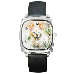 Cat Animal Art Abstract Watercolor Square Metal Watch by Celenk