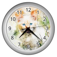 Cat Animal Art Abstract Watercolor Wall Clocks (silver)  by Celenk