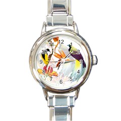 Exotic Birds Of Paradise And Flowers Watercolor Round Italian Charm Watch