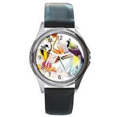 Exotic Birds Of Paradise And Flowers Watercolor Round Metal Watch by TKKdesignsCo