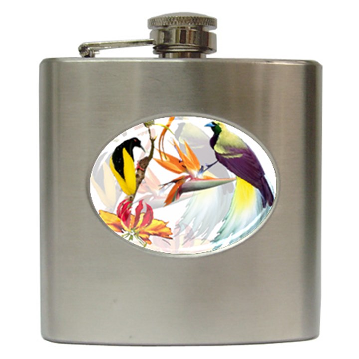 Exotic Birds of Paradise and Flowers Watercolor Hip Flask (6 oz)