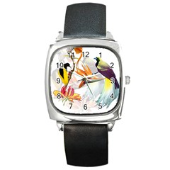 Exotic Birds Of Paradise And Flowers Watercolor Square Metal Watch by TKKdesignsCo