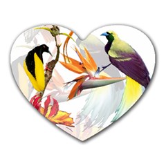 Exotic Birds Of Paradise And Flowers Watercolor Heart Mousepads by TKKdesignsCo