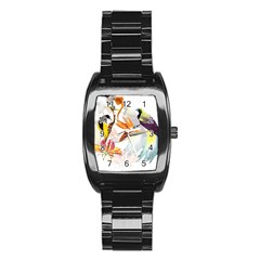 Exotic Birds Of Paradise And Flowers Watercolor Stainless Steel Barrel Watch