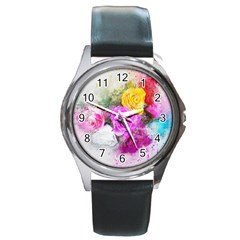 Flowers Bouquet Art Abstract Round Metal Watch by Celenk