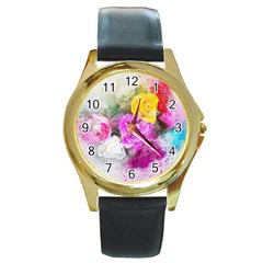 Flowers Bouquet Art Abstract Round Gold Metal Watch by Celenk