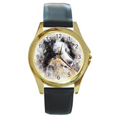 Dog Shetland Pet Art Abstract Round Gold Metal Watch by Celenk