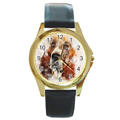 Dog Basset Pet Art Abstract Round Gold Metal Watch by Celenk