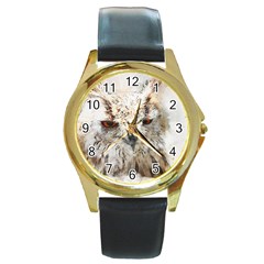 Bird Owl Animal Art Abstract Round Gold Metal Watch by Celenk