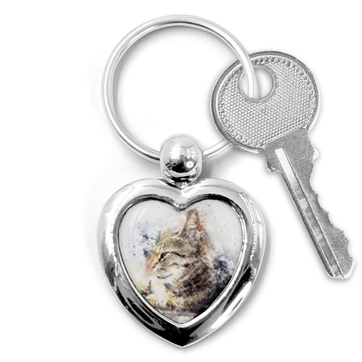 Cat Animal Art Abstract Watercolor Key Chains (Heart) 