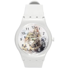 Cat Animal Art Abstract Watercolor Round Plastic Sport Watch (m) by Celenk