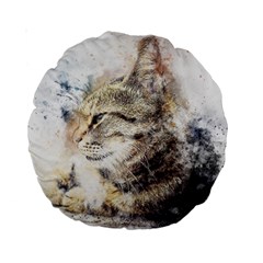 Cat Animal Art Abstract Watercolor Standard 15  Premium Round Cushions by Celenk