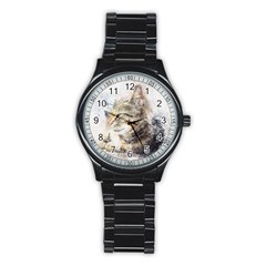 Cat Animal Art Abstract Watercolor Stainless Steel Round Watch by Celenk