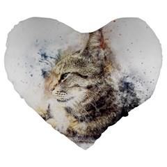 Cat Animal Art Abstract Watercolor Large 19  Premium Flano Heart Shape Cushions by Celenk