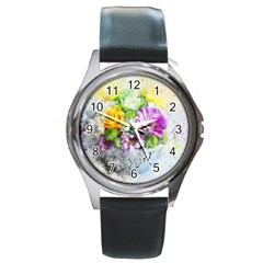 Flowers Vase Art Abstract Nature Round Metal Watch by Celenk