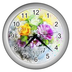 Flowers Vase Art Abstract Nature Wall Clocks (silver)  by Celenk