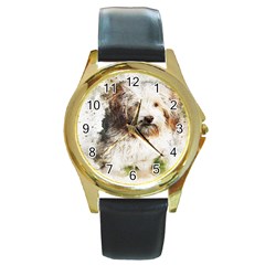 Dog Animal Pet Art Abstract Round Gold Metal Watch by Celenk