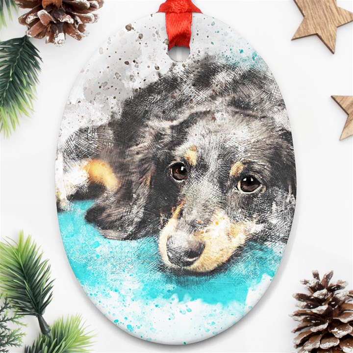 Dog Animal Art Abstract Watercolor Oval Ornament (Two Sides)