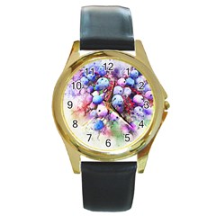 Berries Pink Blue Art Abstract Round Gold Metal Watch by Celenk