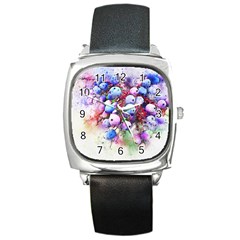 Berries Pink Blue Art Abstract Square Metal Watch by Celenk