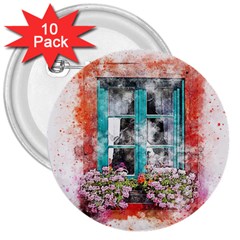 Window Flowers Nature Art Abstract 3  Buttons (10 Pack)  by Celenk