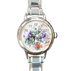 Flowers Bouquet Art Abstract Round Italian Charm Watch by Celenk