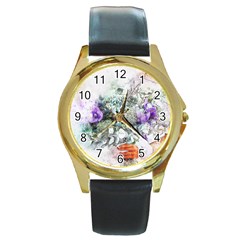 Flowers Bouquet Art Abstract Round Gold Metal Watch by Celenk