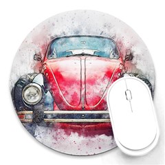 Red Car Old Car Art Abstract Round Mousepads by Celenk