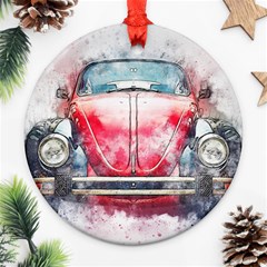 Red Car Old Car Art Abstract Ornament (round) by Celenk