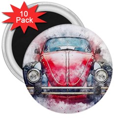 Red Car Old Car Art Abstract 3  Magnets (10 Pack)  by Celenk