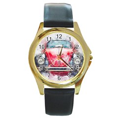 Red Car Old Car Art Abstract Round Gold Metal Watch by Celenk