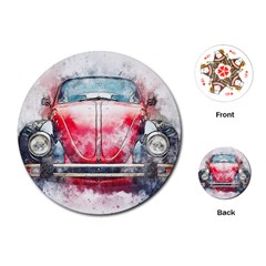 Red Car Old Car Art Abstract Playing Cards (round) 