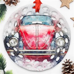 Red Car Old Car Art Abstract Round Filigree Ornament (two Sides) by Celenk