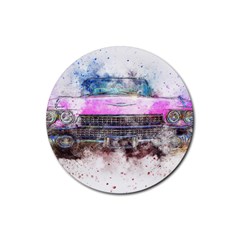 Pink Car Old Art Abstract Rubber Coaster (round)  by Celenk