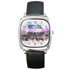 Pink Car Old Art Abstract Square Metal Watch by Celenk