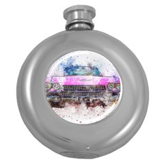 Pink Car Old Art Abstract Round Hip Flask (5 Oz) by Celenk