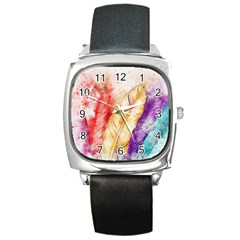 Feathers Bird Animal Art Abstract Square Metal Watch by Celenk