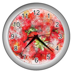 Strawberries Fruit Food Art Wall Clocks (silver)  by Celenk