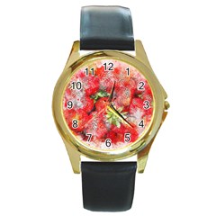 Strawberries Fruit Food Art Round Gold Metal Watch by Celenk