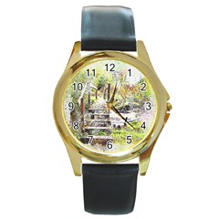 River Bridge Art Abstract Nature Round Gold Metal Watch by Celenk