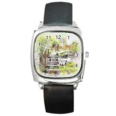 River Bridge Art Abstract Nature Square Metal Watch by Celenk