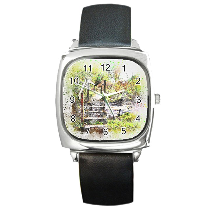 River Bridge Art Abstract Nature Square Metal Watch