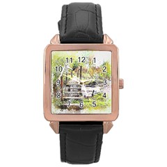 River Bridge Art Abstract Nature Rose Gold Leather Watch  by Celenk