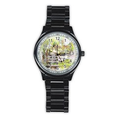 River Bridge Art Abstract Nature Stainless Steel Round Watch by Celenk