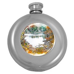 River Water Art Abstract Stones Round Hip Flask (5 Oz) by Celenk