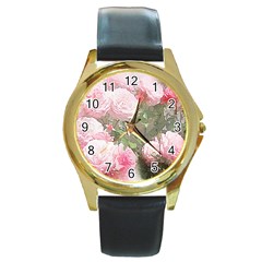 Flowers Roses Art Abstract Nature Round Gold Metal Watch by Celenk