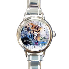 Tiger Drink Animal Art Abstract Round Italian Charm Watch by Celenk