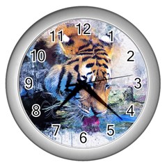 Tiger Drink Animal Art Abstract Wall Clocks (silver)  by Celenk