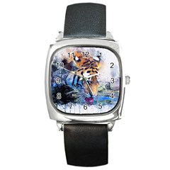 Tiger Drink Animal Art Abstract Square Metal Watch by Celenk